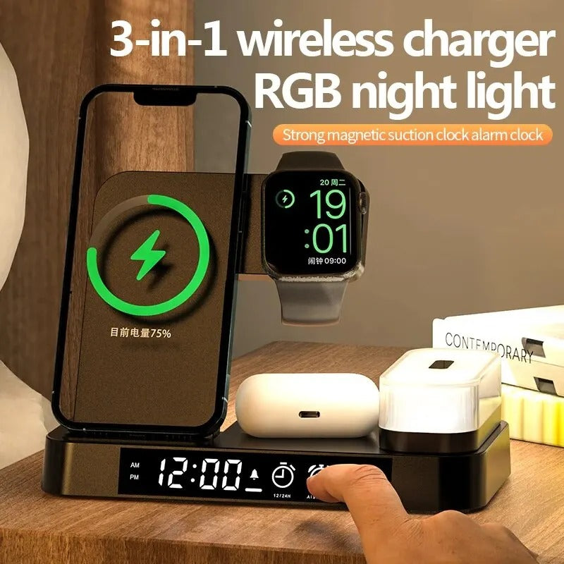 30W 3-in-1 Wireless Charger with Alarm & Night Light